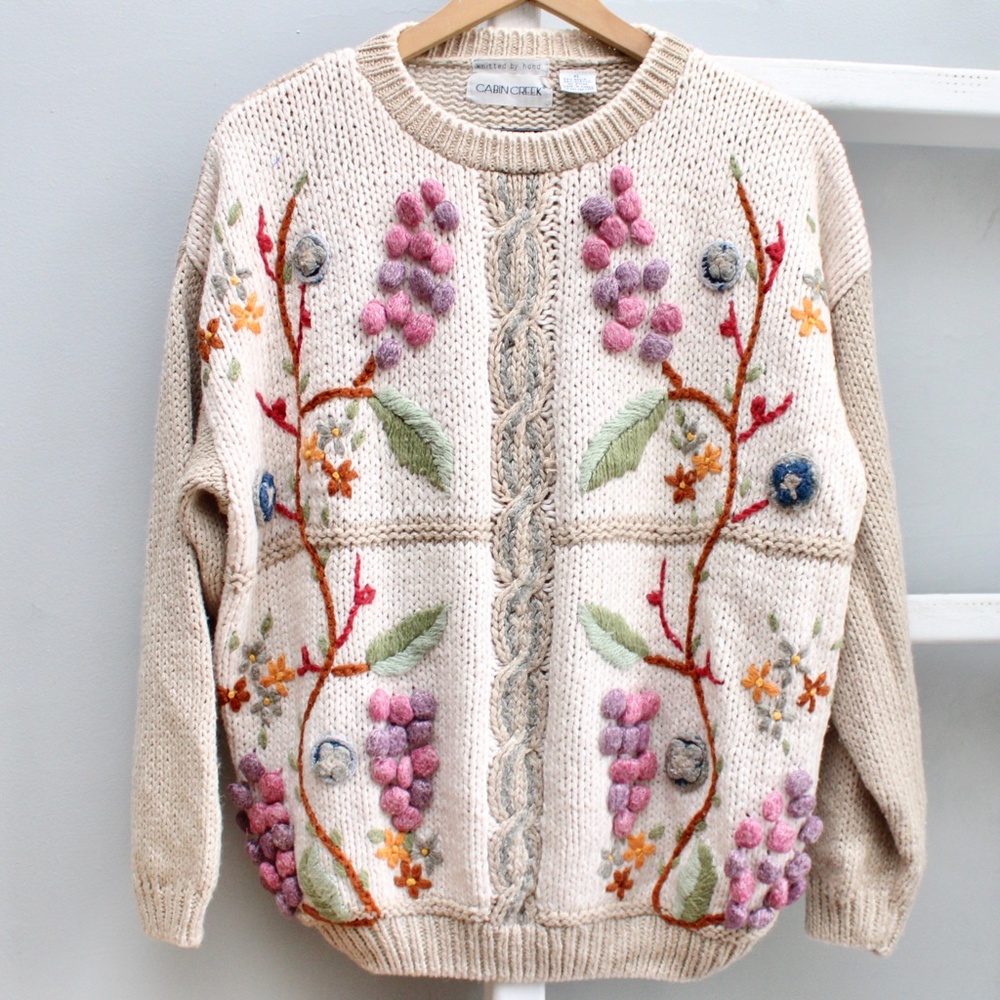  Cabin Creek Vintage Grandmcore Floral Grape Vine  Embroidery Knit Sweater XL